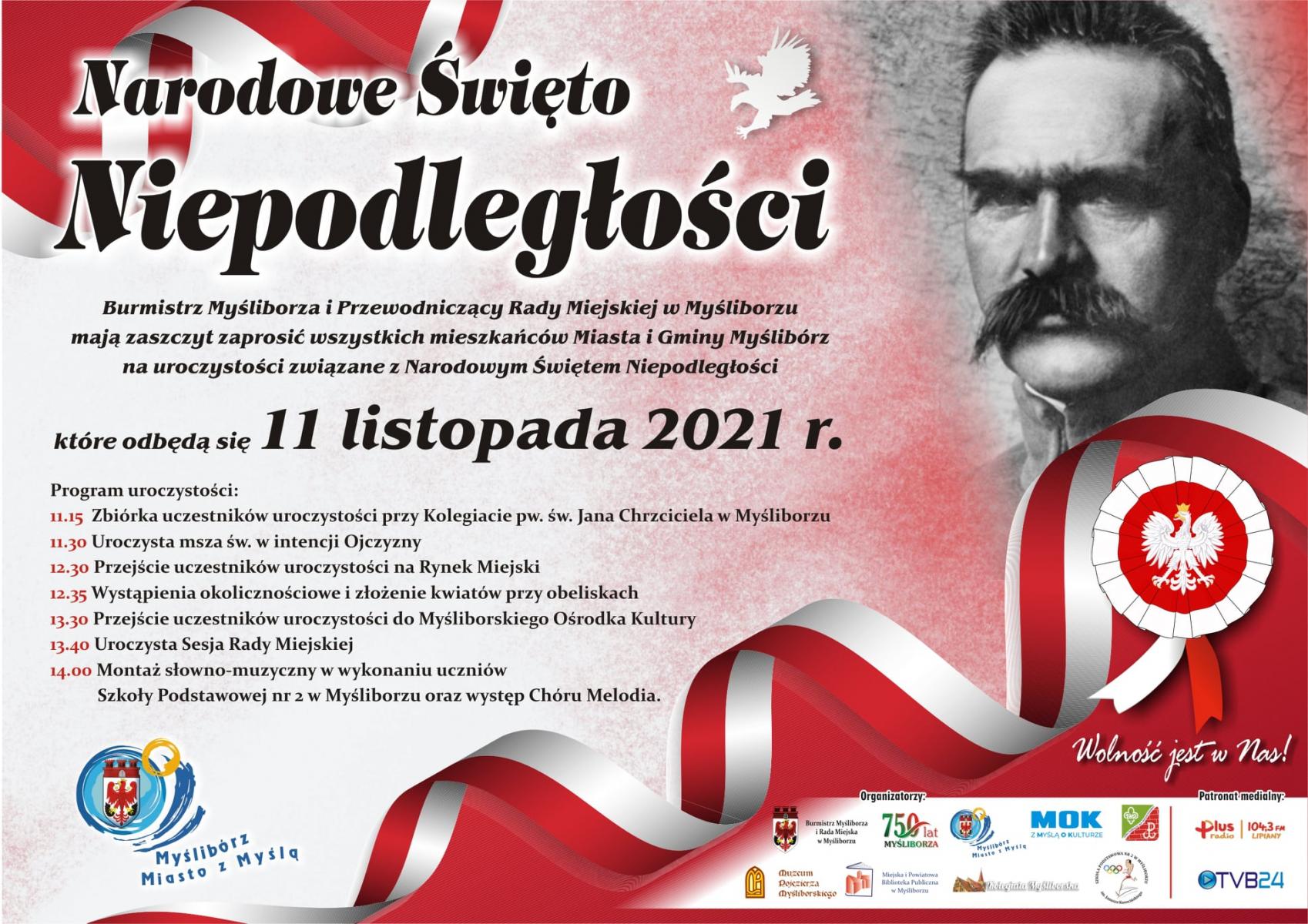 plakat zapraszający na miejskie obchody Święta Niepodległości - w tle kokarda narodowa, Piłsudzki, flaga
