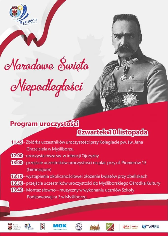 Plakat - odchody świeta niepodległości, kolorystyka bialo-czerwona i podobizna Piłsudskiego
